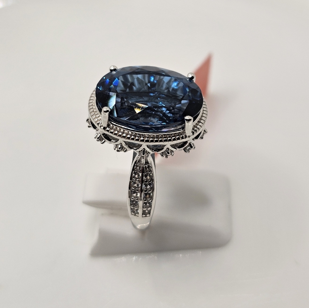 Natural London Blue Topaz & Diamond Ring in Sterling Silver & Rhodium Size 7! - Picture 7 of 16